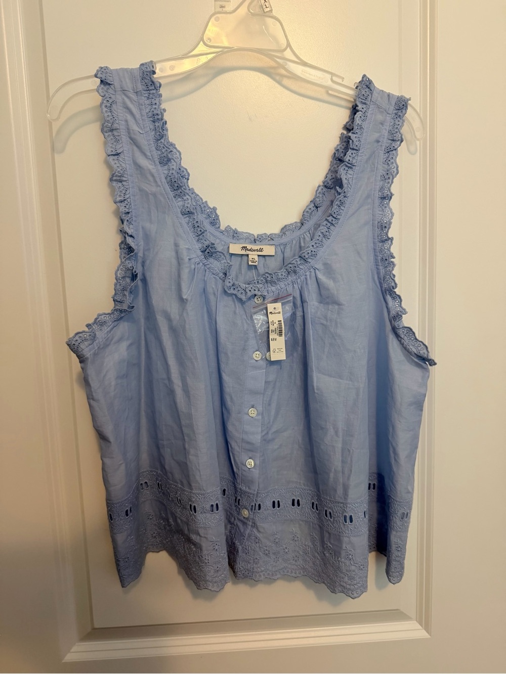 Madewell Sky Blue Eyelet-Trim Button Front Cotton Tank